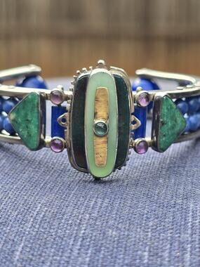 Michael Boyd Artisan Mosaic Cuff Bracelet 18K 22K Gold Sterling Lapis Chrysopras